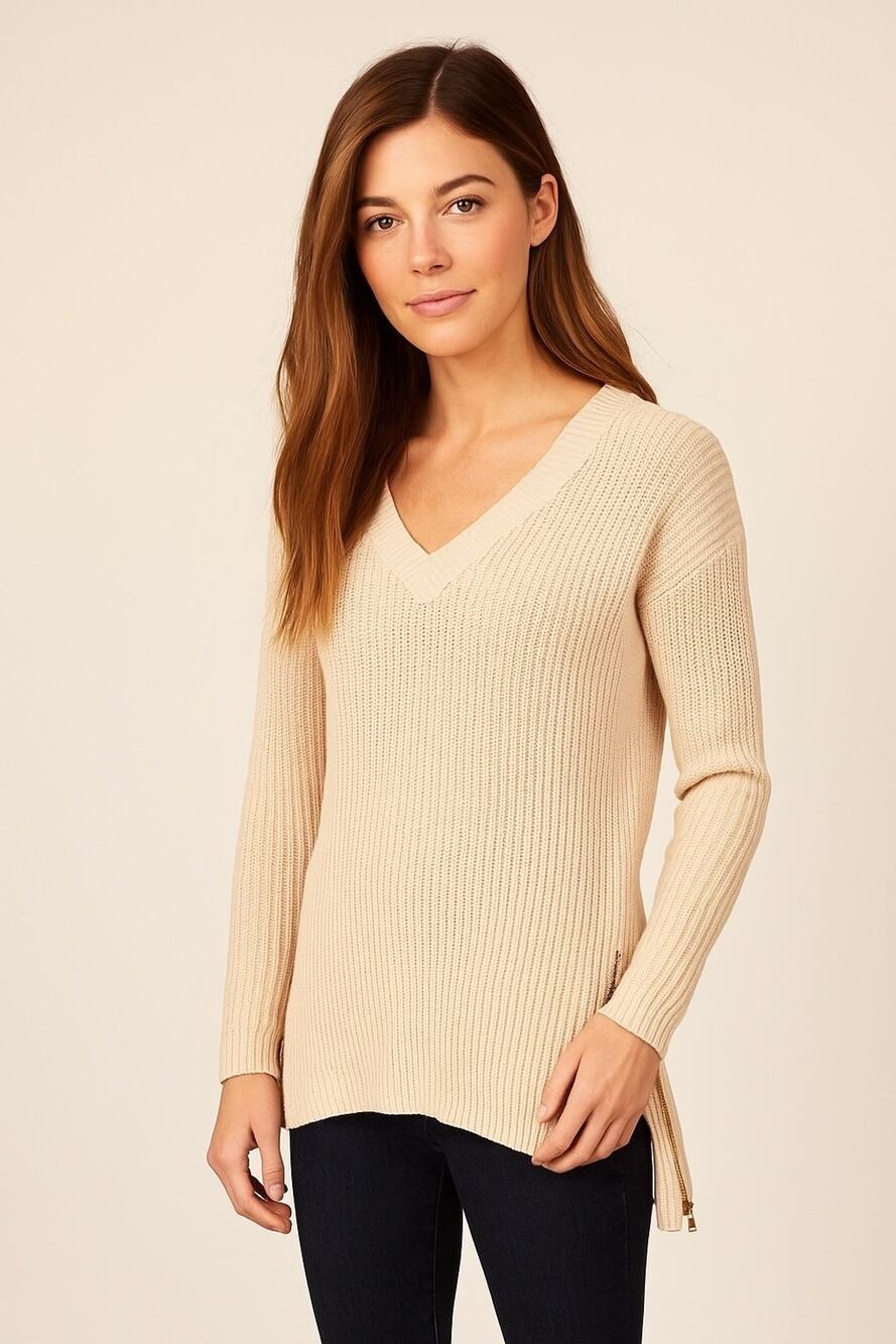 Tyler Böe Cream Ribbed V-Neck Sweater with Gold Side Zippers 100% Cotton, Sz S